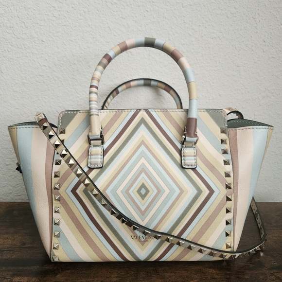 Valentino Multicolor 1975 Striped Leather Rockstud Trapeze Tote Small - Picture 1 of 14